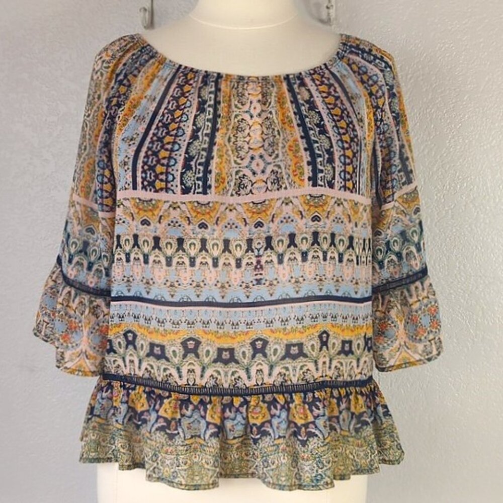 Democracy  Sz L Blouse Floral Navy Tan Boho Round-Neck Peasant Top Bell Sleeves